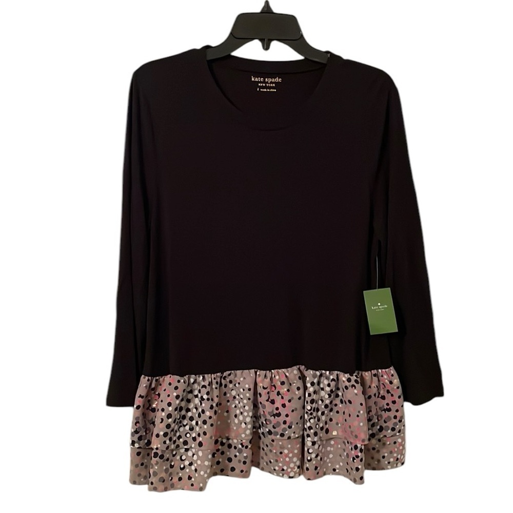 KATE SPADE | Women’s Black Multicolor Polkadot Soiree Mixed Media Top Size L - Picture 1 of 6